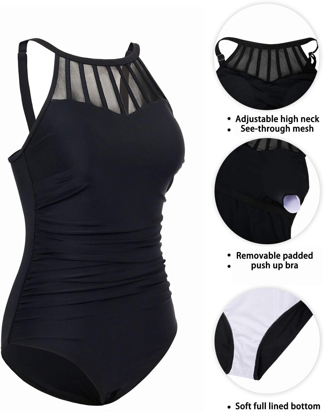 Holipick Women Tummy Control One Piece Swimsuit High Neck Mesh Bathing Suit Modest Swimwear