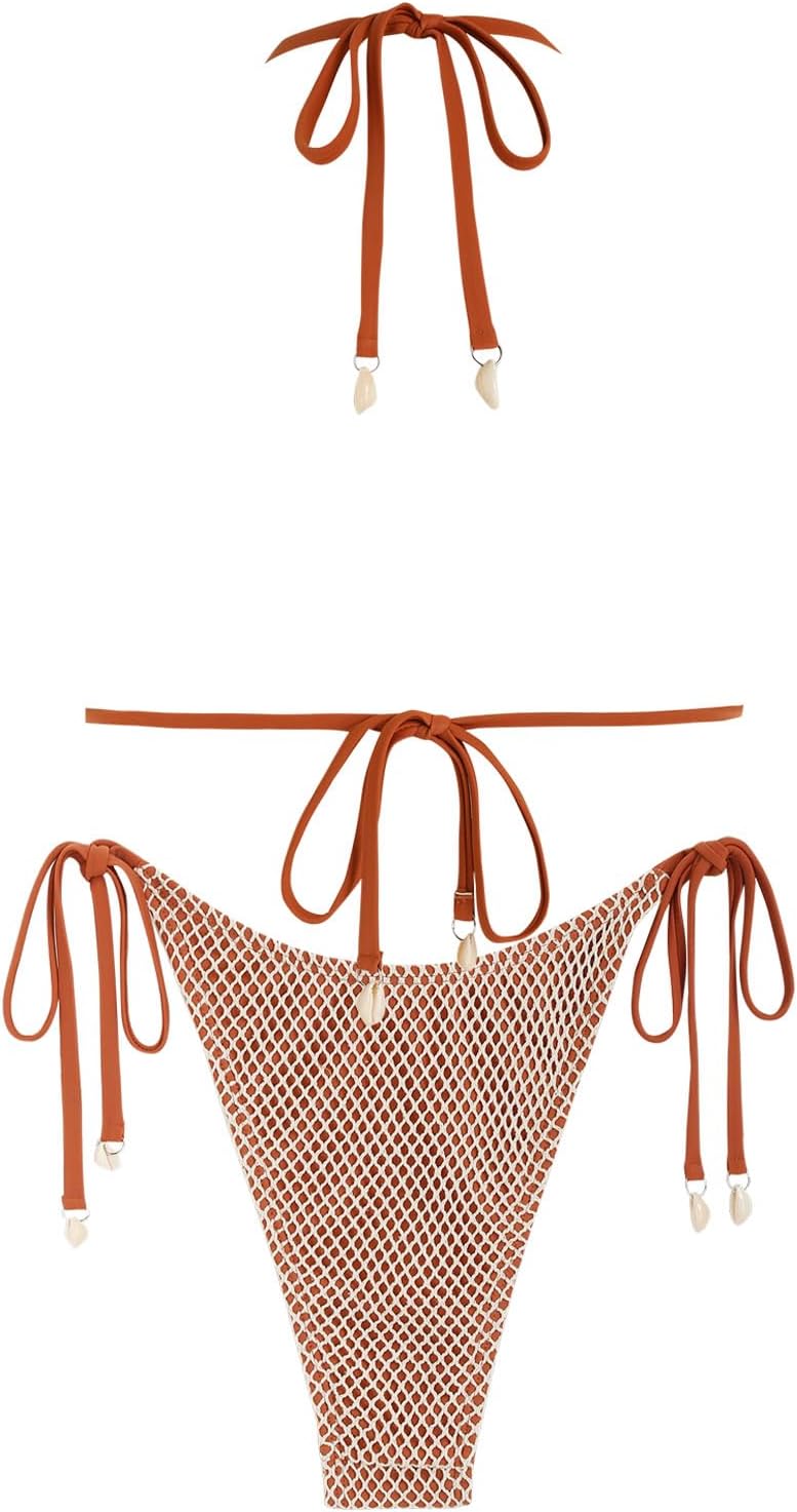 ZAFUL Women's Triangle Bikini Multiway Fishnet Tie Side Bandeau Halter String Bikini Set Two Piece Swimsuit Bathing Suits