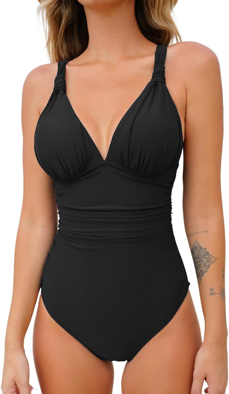 CUPSHE Women One Piece Swimsuit Deep V Neck Tummy Control Ruched V Back Classic Bathing Suits