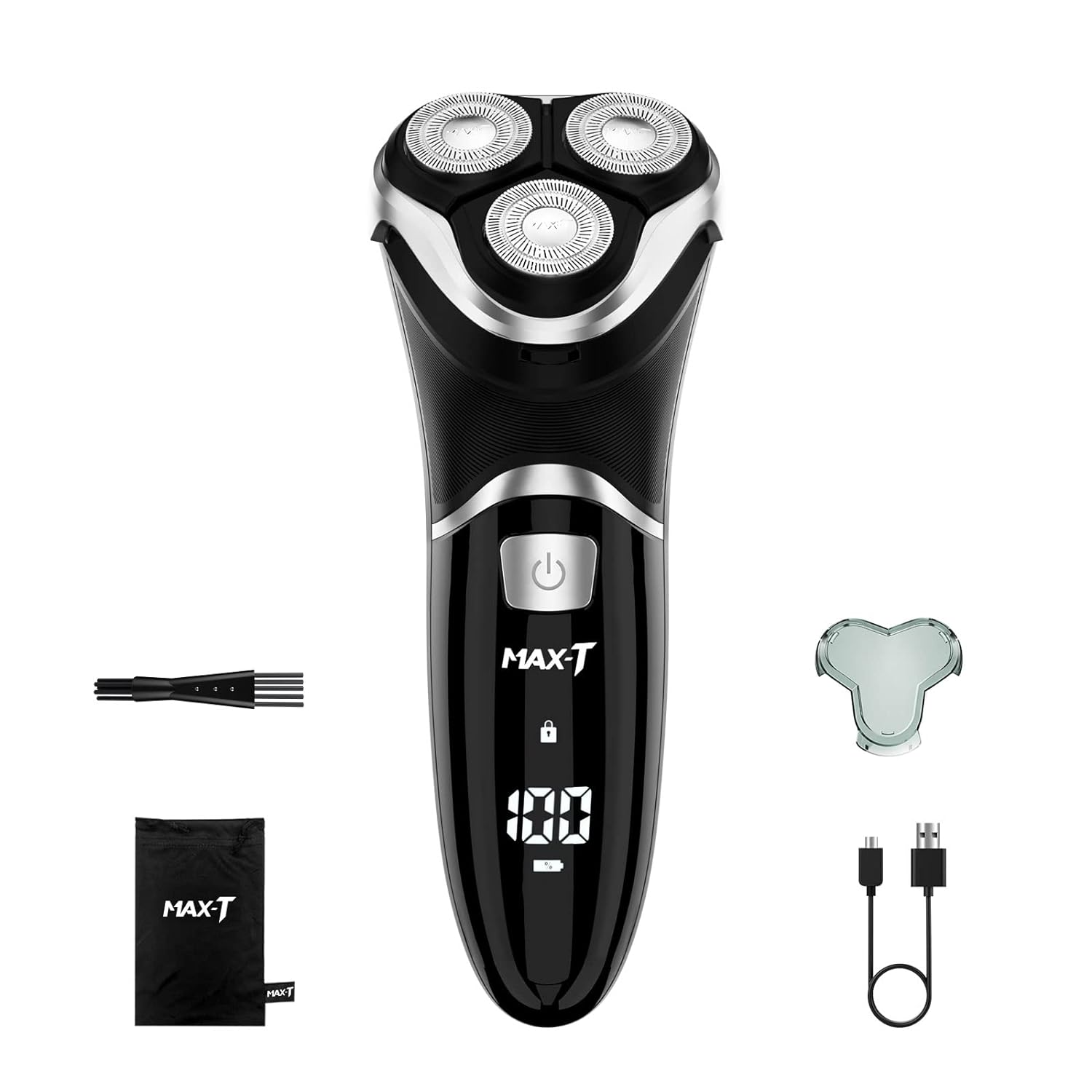 Electric Shaver Razor for Men, MAX-T Quick Rechargeable Wet Dry Rotary Shaver with Pop Up Trimmer and LED Display, IPX7 100% Waterproof (8101 with USB Cable)