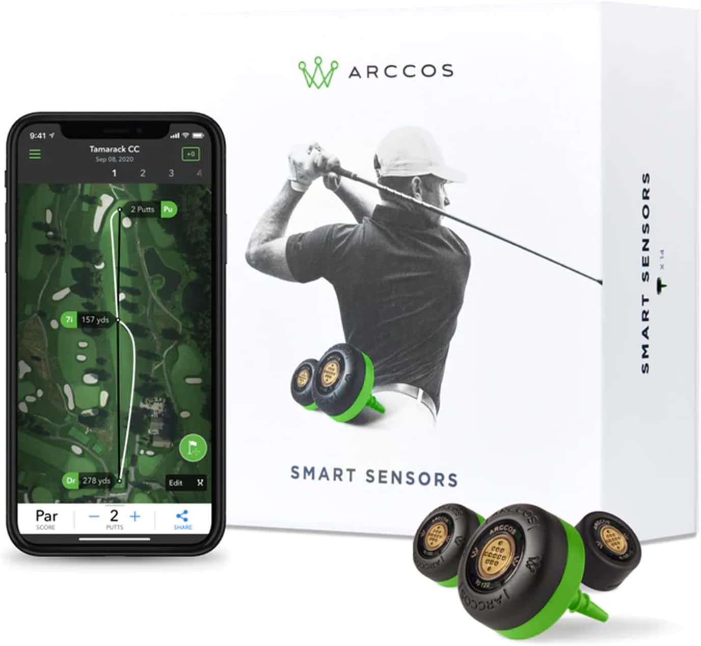 Arccos Caddie Smart Sensors 3rd Gen+ Power Bundle with PlayBetter Portable Charger - Set of 14 Golf Shot Tracker System - A.I. Powered Rangefinder - On Course Swing Analyzer for Every Club