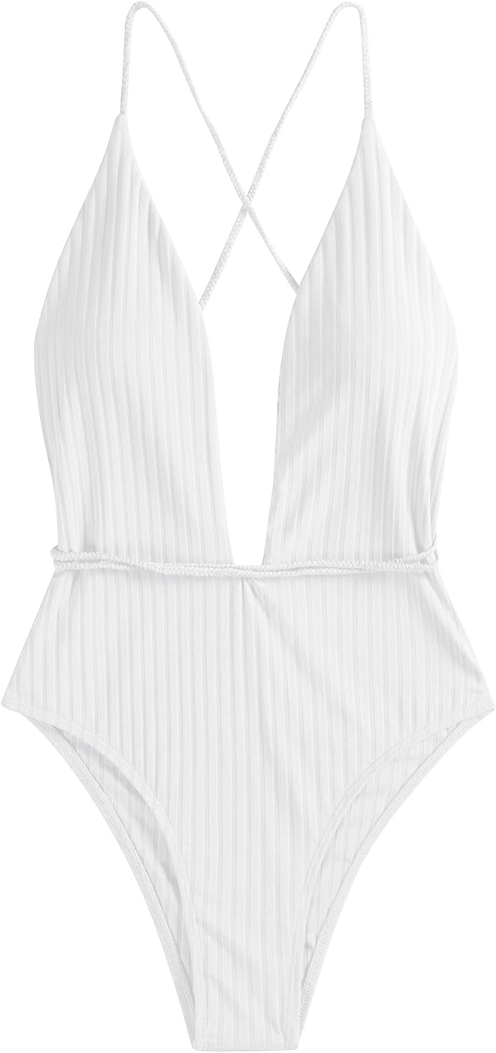 ZAFUL Women’s Ribbed One Piece Swimsuit Deep V Neck Bathing Suit Crisscross Back Self Tie Monokini