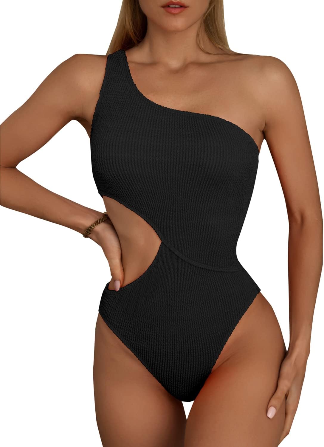 Women's Cutout One Piece Swimsuit One Shoulder Swimwear Ribbed Monokini Bathing Suits