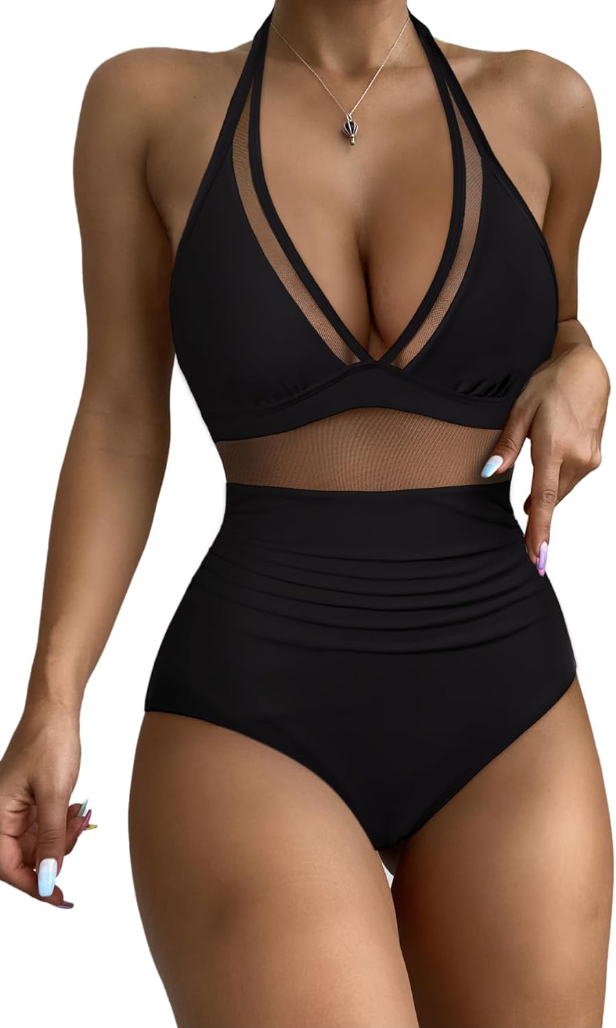 RXRXCOCO Women Sexy V Neck Mesh One Piece Bathing Suit Halter Push Up Tummy Control Swimsuit Swimwear