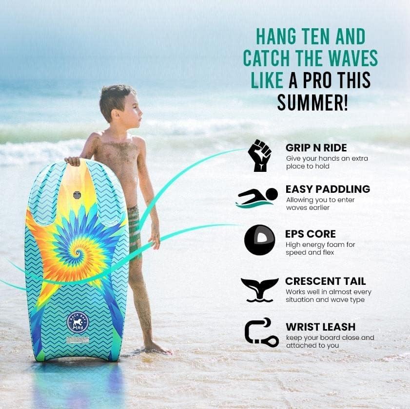 Back Bay Play 37" Body Boards - Lightweight EPS Core Boogie Boards - Bodyboard, Boogie Board for Beach Kids with Wrist Leash Surfing for Kids & Adults - 2 Pack