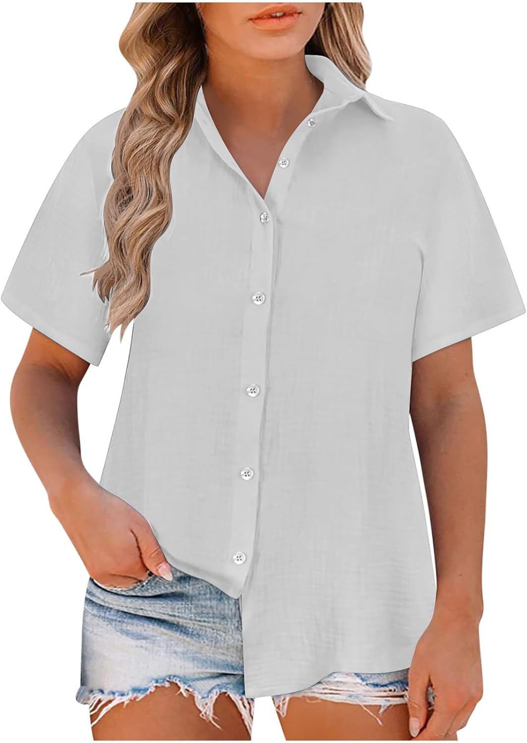 Ceboyel Women Button Down Shirts Trendy Cotton Linen Summer Tops Short Sleeve Gauze Shirt Blouses 2024 Dressy Causal Clothes