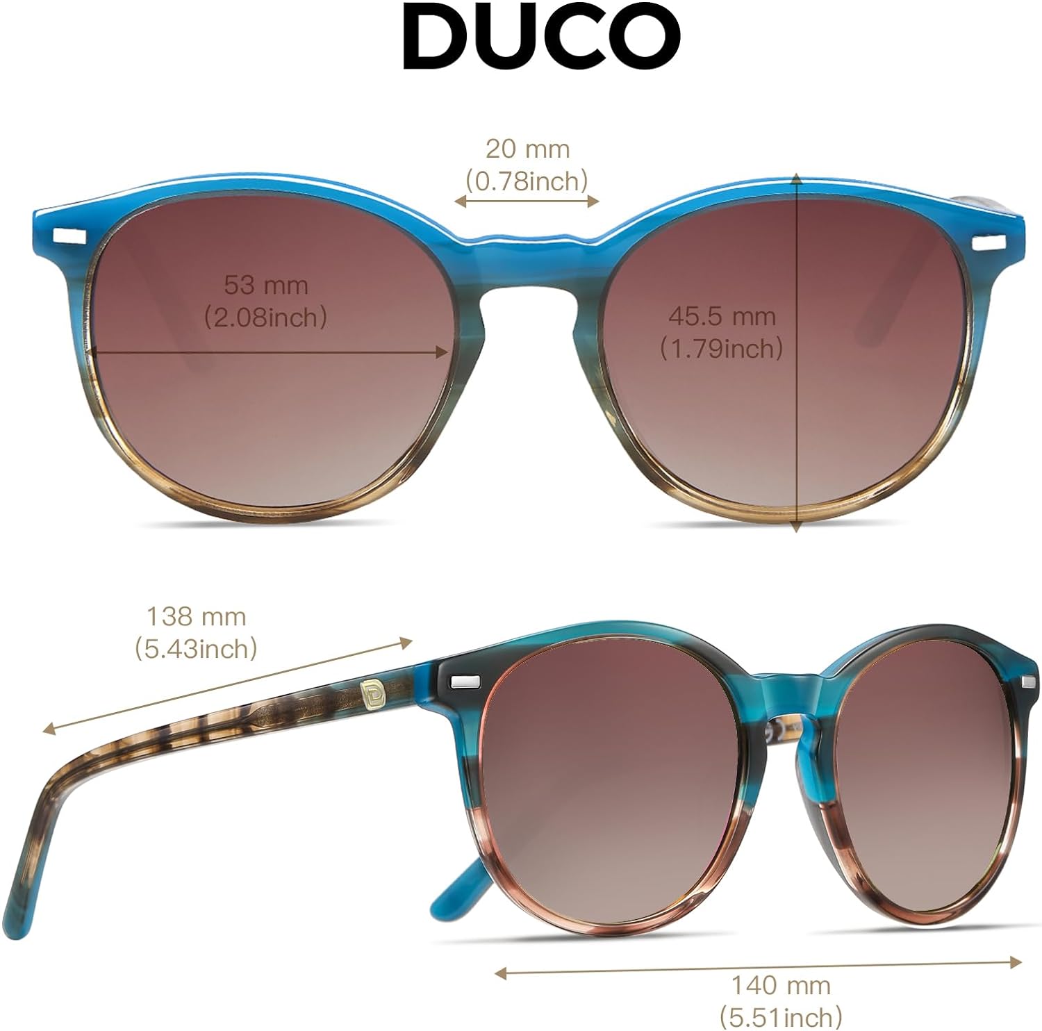 DUCO Retro Round UV400 Polarized Sunglasses for Women Men Vintage Shades Classic Acetate Trendy Fashion Sunglass DC1230