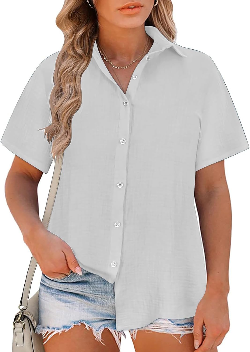 Ceboyel Women Button Down Shirts Trendy Cotton Linen Summer Tops Short Sleeve Gauze Shirt Blouses 2024 Dressy Causal Clothes