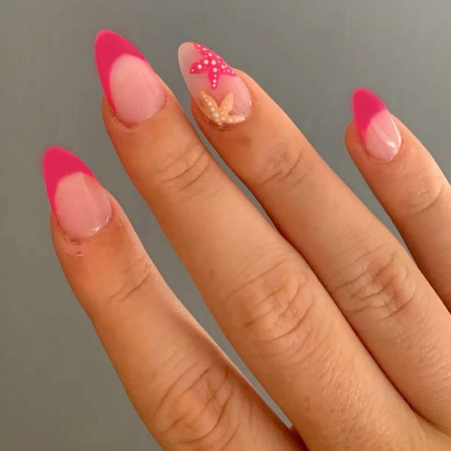 Summer Press on Nails Almond Fake Nails Colorful Glue on Nails with Design Glossy Acrylic Nails Full Cover Glossy Stick on Nails Artificial Nails for Women Girls (Pink French tip)