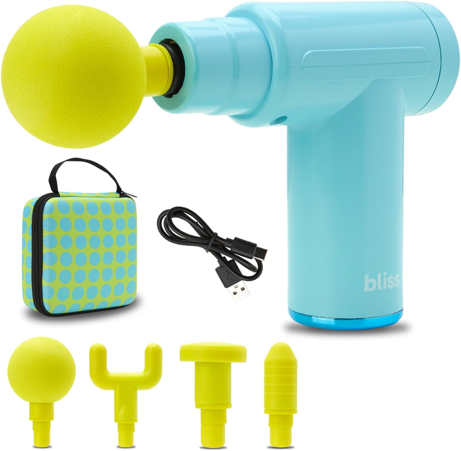 Bliss Massage Gun - Portable Deep Tissue Muscle Massager - Percussion Mini Massage Gun with 4 Head Options and Travel Case, Candy Blue