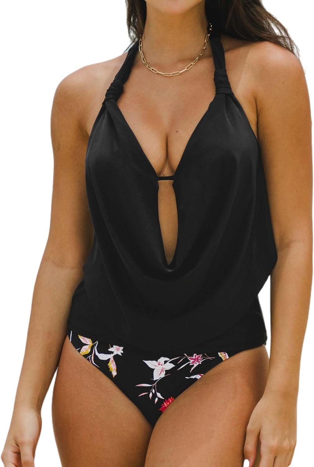 CUPSHE Tankini Bathing Suit for Women Halter Deep V Cowl Neck Low Back Swimsuit