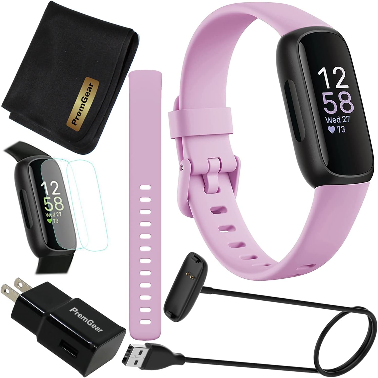 Fitbit Inspire 3 Health & Fitness Activity Tracker (Lilac Bliss) with Workout Intensity, Sleep Tracking, Heart Rate, 2 Bands, 3.3foot Charging Cable, Wall Adapter, Screen Protectors & PremGear Cloth