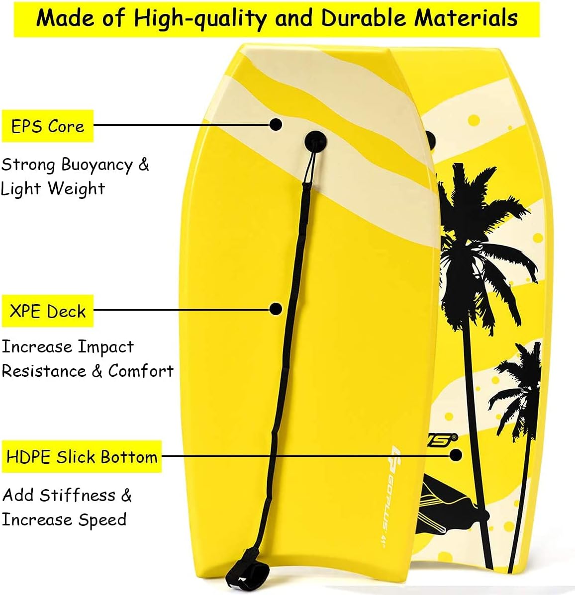 Goplus Boogie Boards for Beach, 41''/37''/33'' Lightweight Body Board with EPS Core, XPE Deck, HDPE Slick Bottom, Wrist Leash, Bodyboard for Kids Adults Surfing