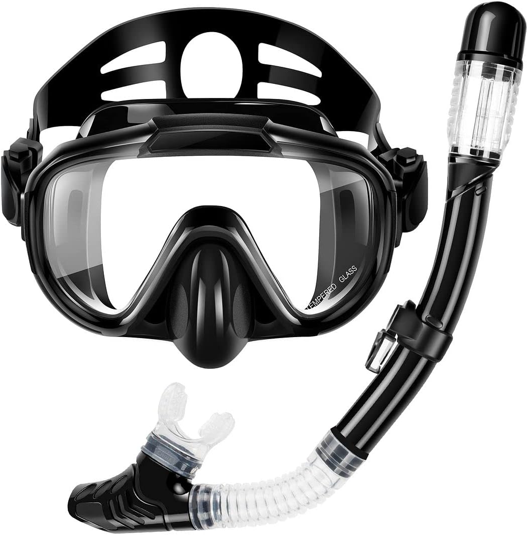 Snorkel Set, Zipoute Snorkel Dry Top Snorkeling Gear for Adults, Panoramic Anti-Leak and Anti-Fog Tempered Glass Lens, Adults Adjustable Snorkeling Set, Scuba Diving Swimming Training Snorkel Kit