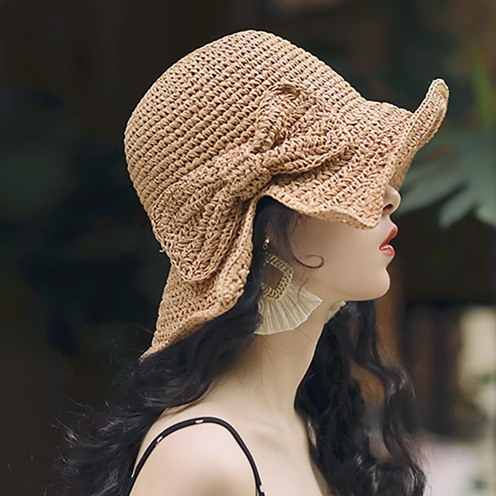 Foldable Wide Brim Floppy Straw Beach Sun Hat,Summer Cap with Bowknot for Women Girls,Strap Adjustable