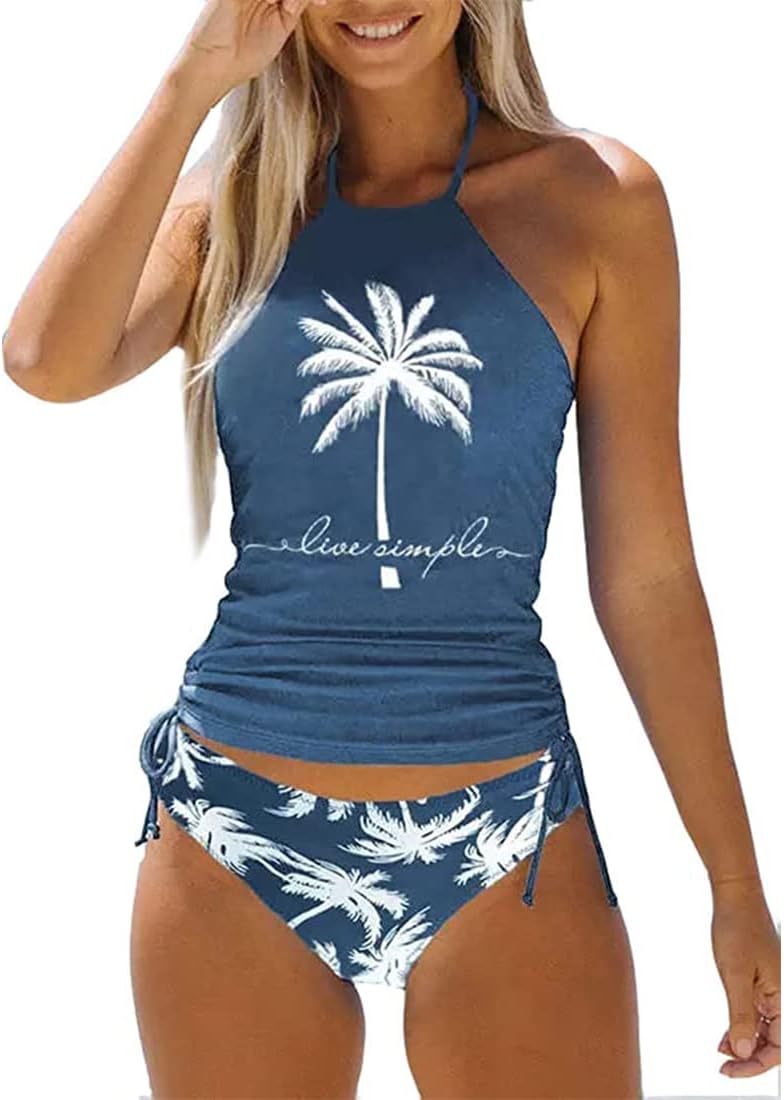 Women's Live Simple Coconut Tree Tankini Set Sexy Halter Neck Backless Swimsuit Drawstring Side Bathing Suit