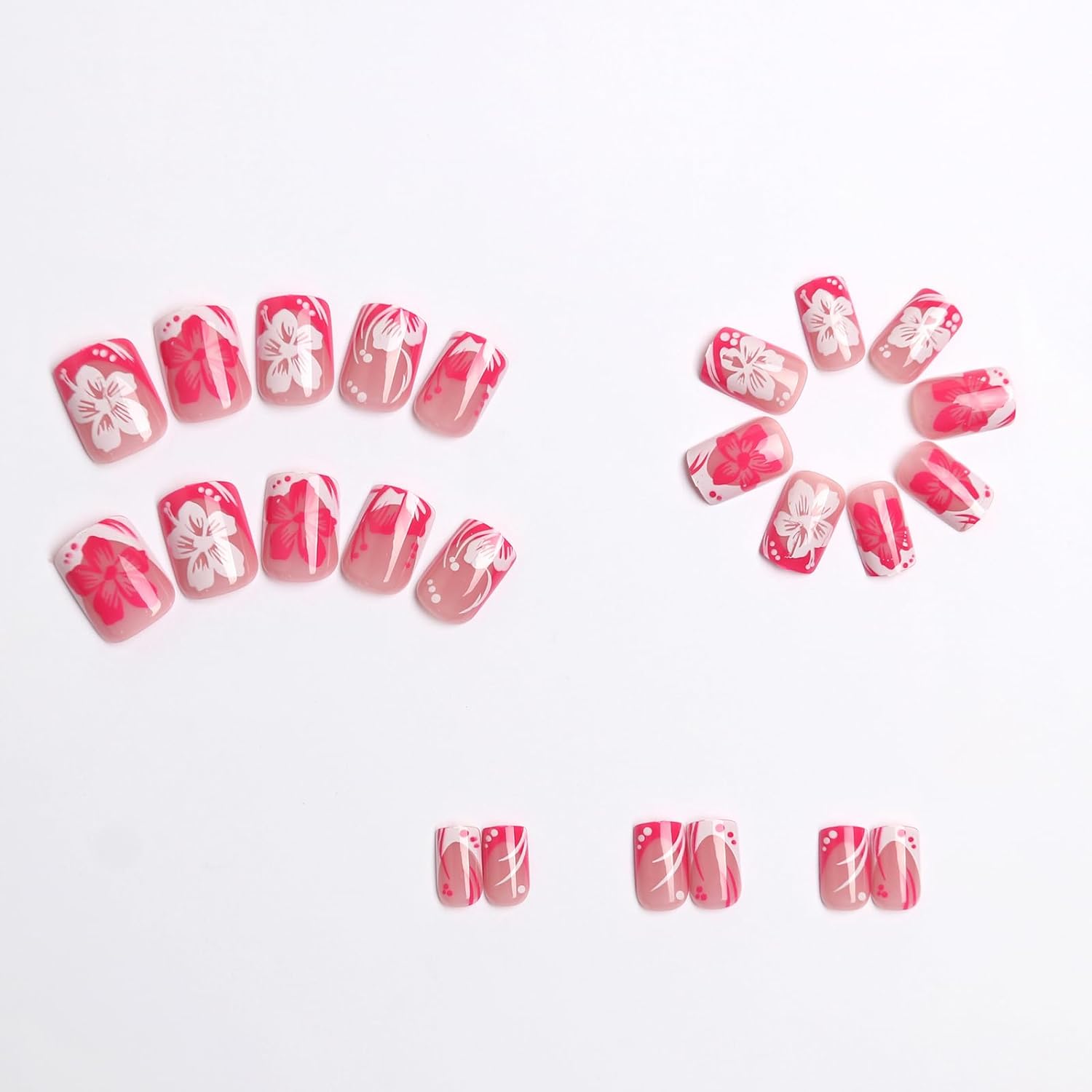 Flower Press on Nails Medium Square Pink White French Tip Fake Nails Pink White Flower Spring Summer Press on Nails for Women Acrylic Manicure Art False Nails Glue on Nails Kit 24Pcs