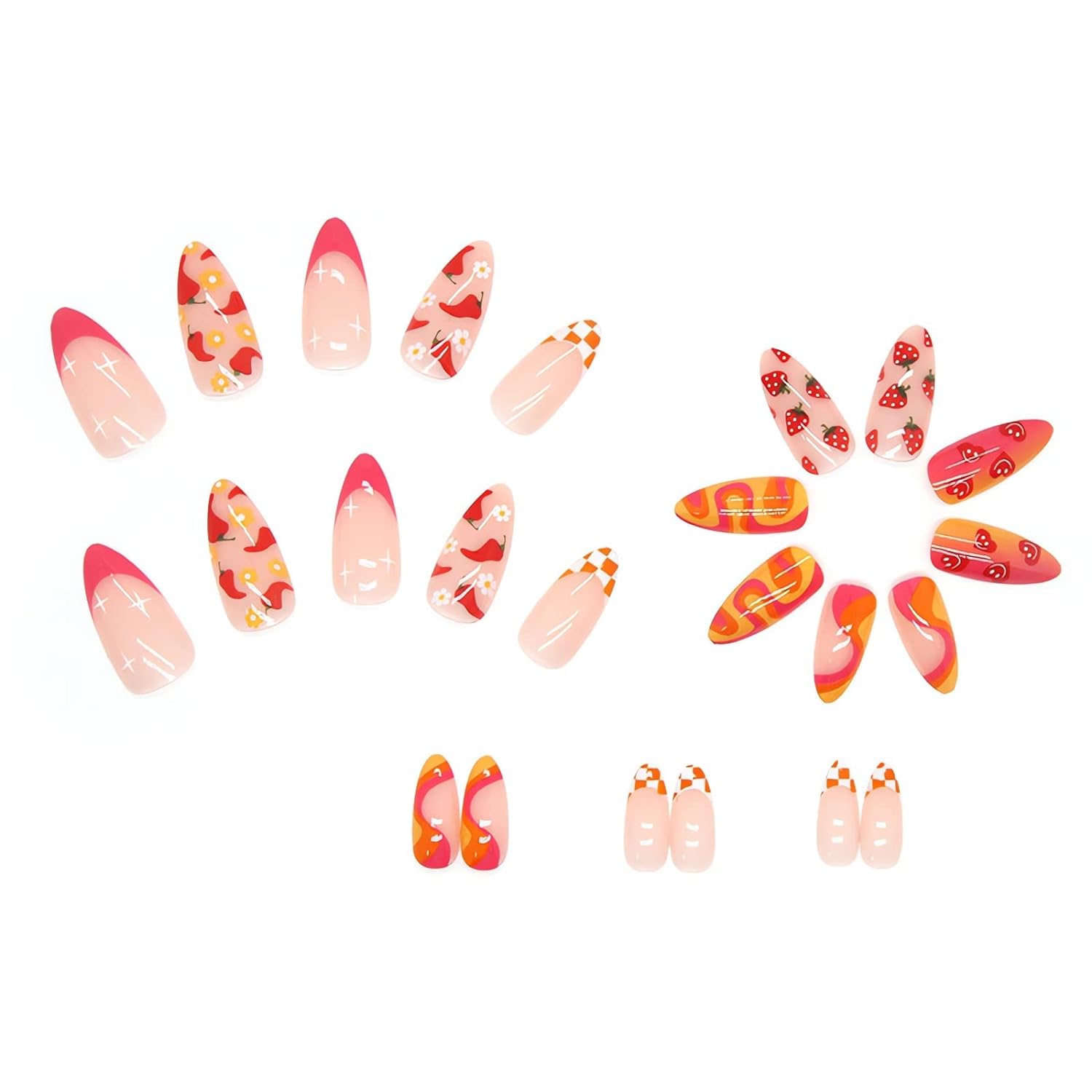 24 Pcs Almond Press on Nails Summer Fake Nails Medium Length Glue on Nails with Designs Cute Acrylic False Nails French Summer Almond Shape Stick on Artificial Nails for Women DIY Decorations