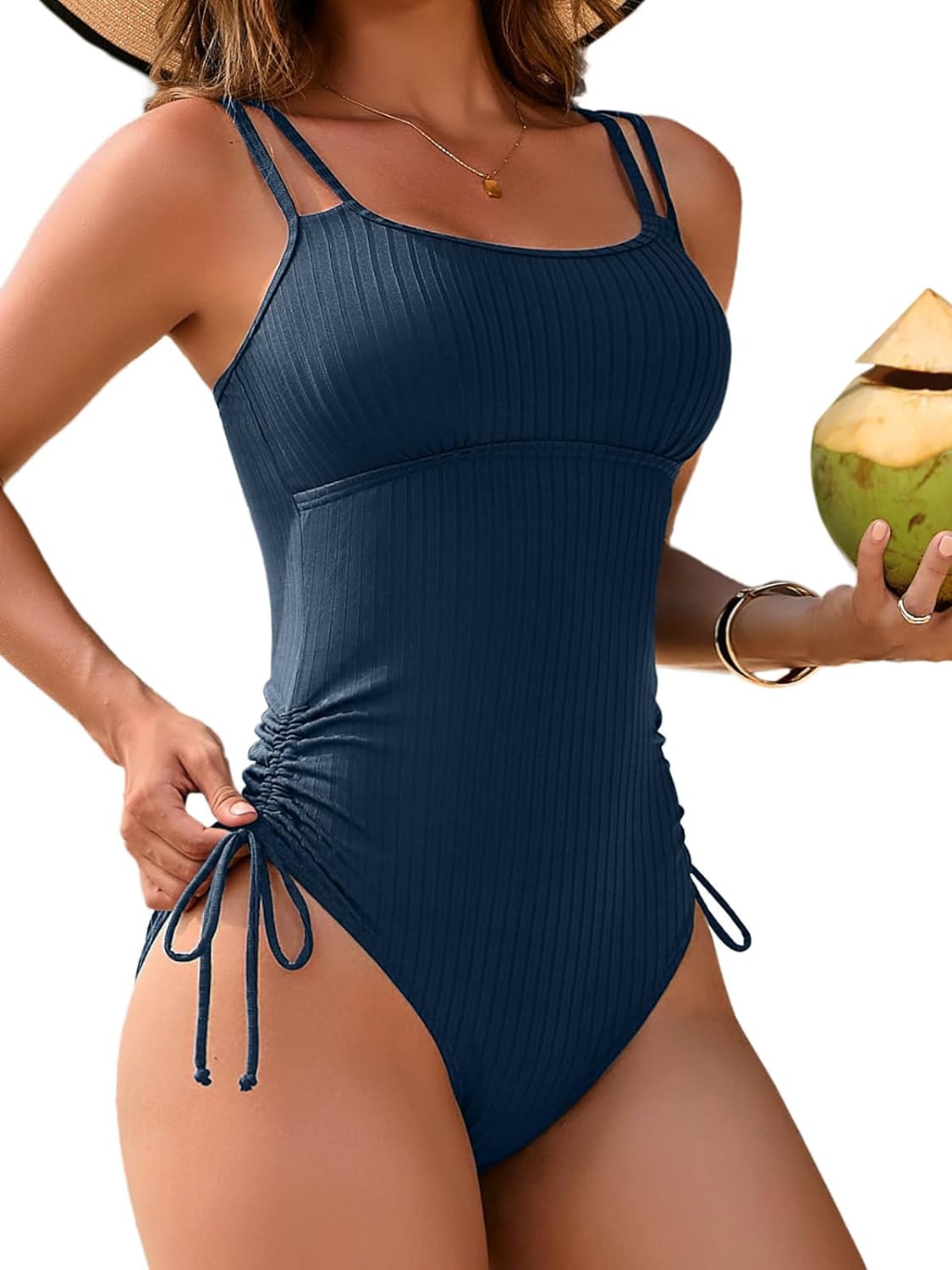 Charmo Ribbed One Piece Swimsuit Women Tie Side 1 Piece Bathing Suit High Cut Monokini Sexy Swimwear