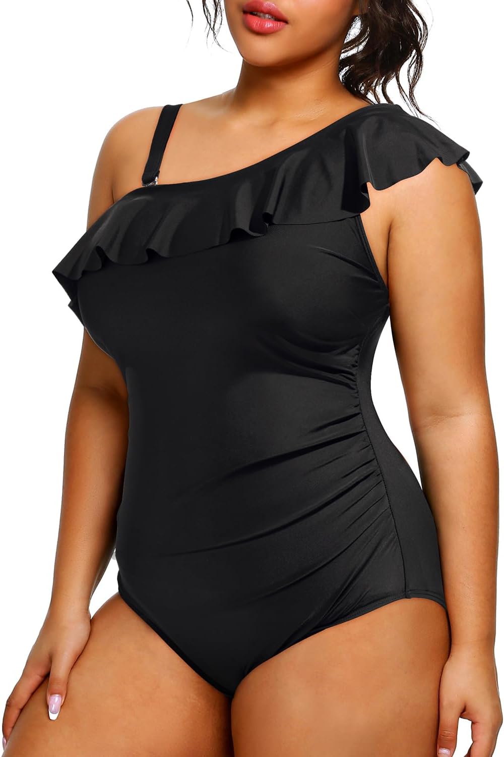 Aqua Eve Plus Size Bathing Suits for Women One Piece Swimsuits One Shoulder Ruffle Tummy Control Swimwear