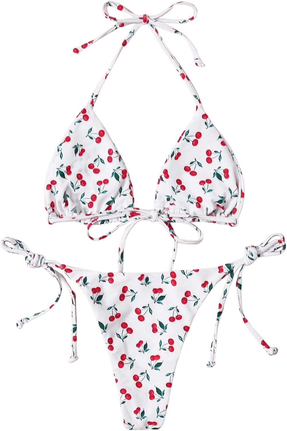 SOLY HUX Women's Bikini Sets Cherry Print Halter Triangle Tie Side Bathing Suits 2 Piece Swimsuit