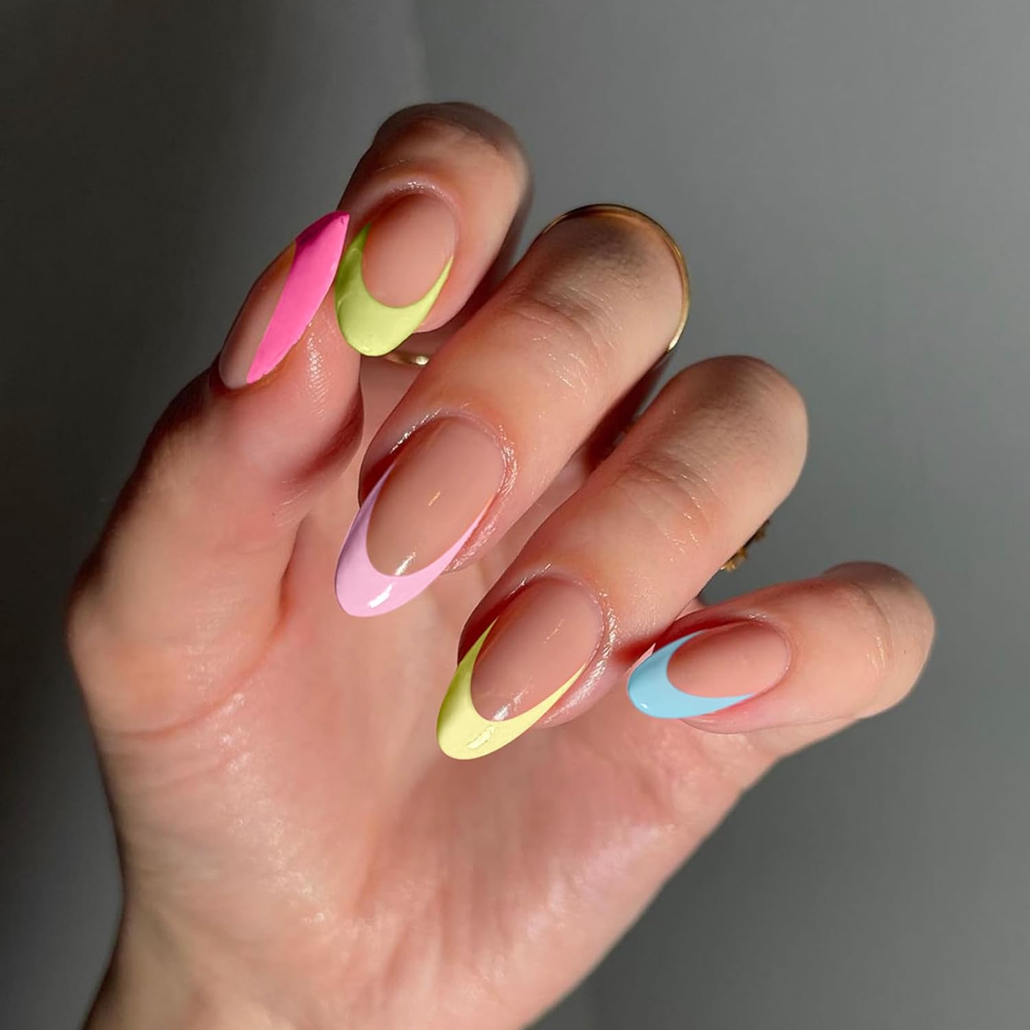 Colorful Tips Press on Nails Medium Almond Fake Nails with Designs French Dopamine Style Pink Nude Full Cover Acrylic Artificial Spring Oval False Nails Summer Glue on Nails for Women and Girls 24Pcs