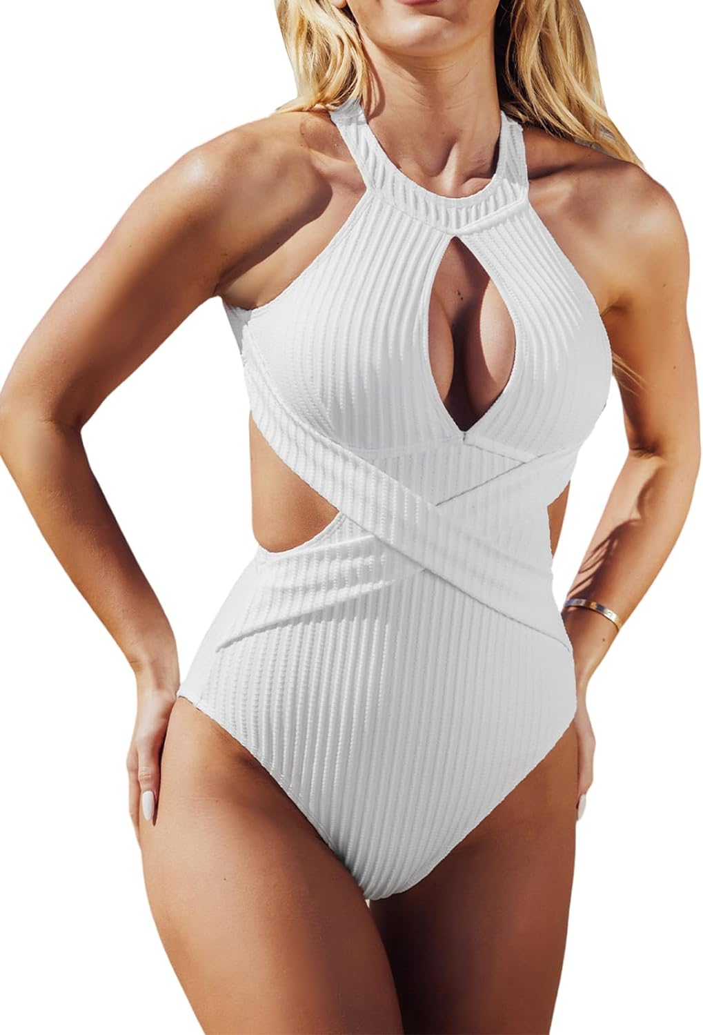 CUPSHE Women's One Piece Swimsuit High Neck Cutout Ribbed Texture Back Hook Hollow Wrapped