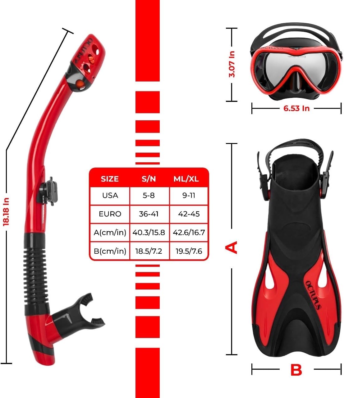 Snorkeling Equipment Set: Complete Snorkel Gear for Adults (S/M), RED - Includes Mask, Fins, Snorkel, Mesh Bag - Travel Sized Snorkel Set Package