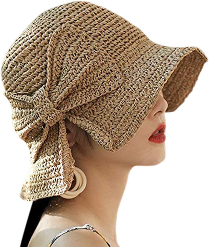 Handmade Woven 100% Raffia Bow Sun Hat Wide Brim Floppy Summer Hats for Women Beach Straw Bucket Hat