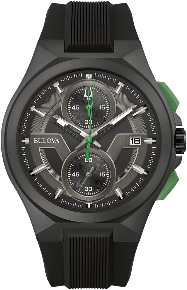 Bulova Men's Maquina Sport Black Ion-Plated Stainless Steel Case, 6-Hand Chronograph Quartz Watch with Matte Black Silicone Strap, Sapphire Crystal