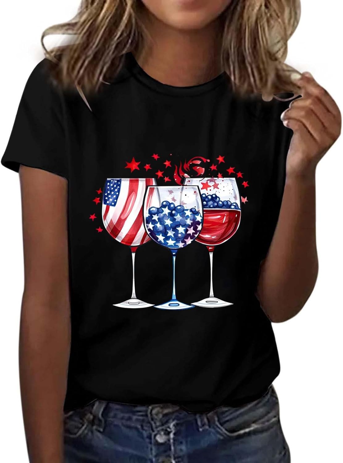 Women's 4th of July T Shirt USA Flag Wine Glasses Graphic Blouses Round Neck Short Sleeve Tee Tops Summer Clothes