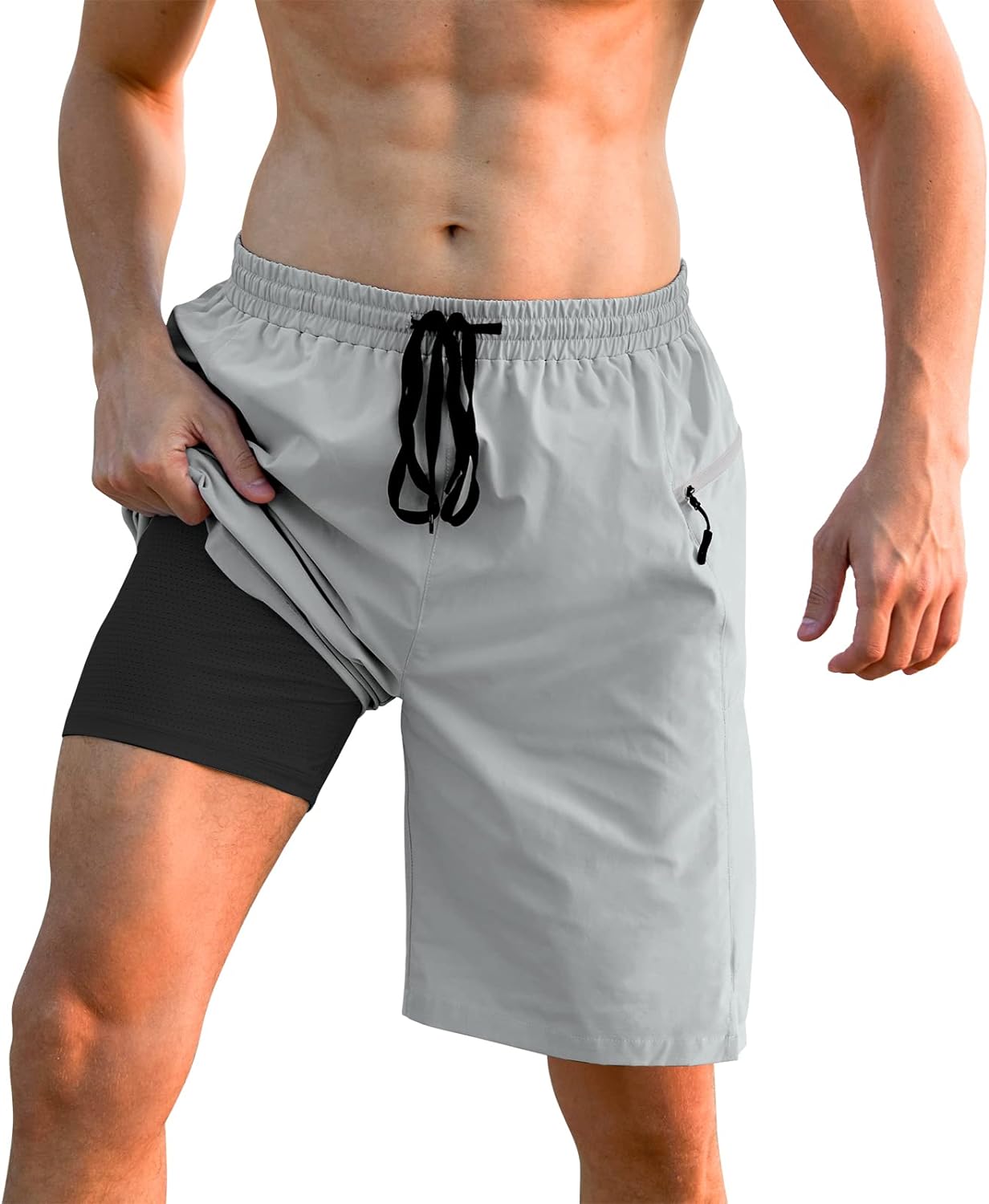 Cozople Mens Swim Trunks with Compression Liner 2 in 1 Board Shorts 9 Inch Quick Dry Swimming Trunks with Zipper Pockets