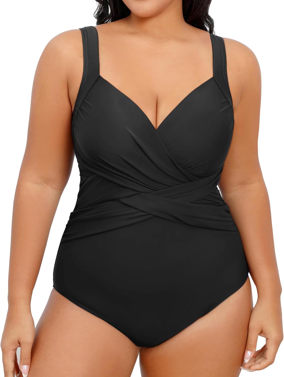 Tempt Me Plus Size One Piece Swimsuits for Women Tummy Control Retro Bathing Suit Cross Front Swimwear