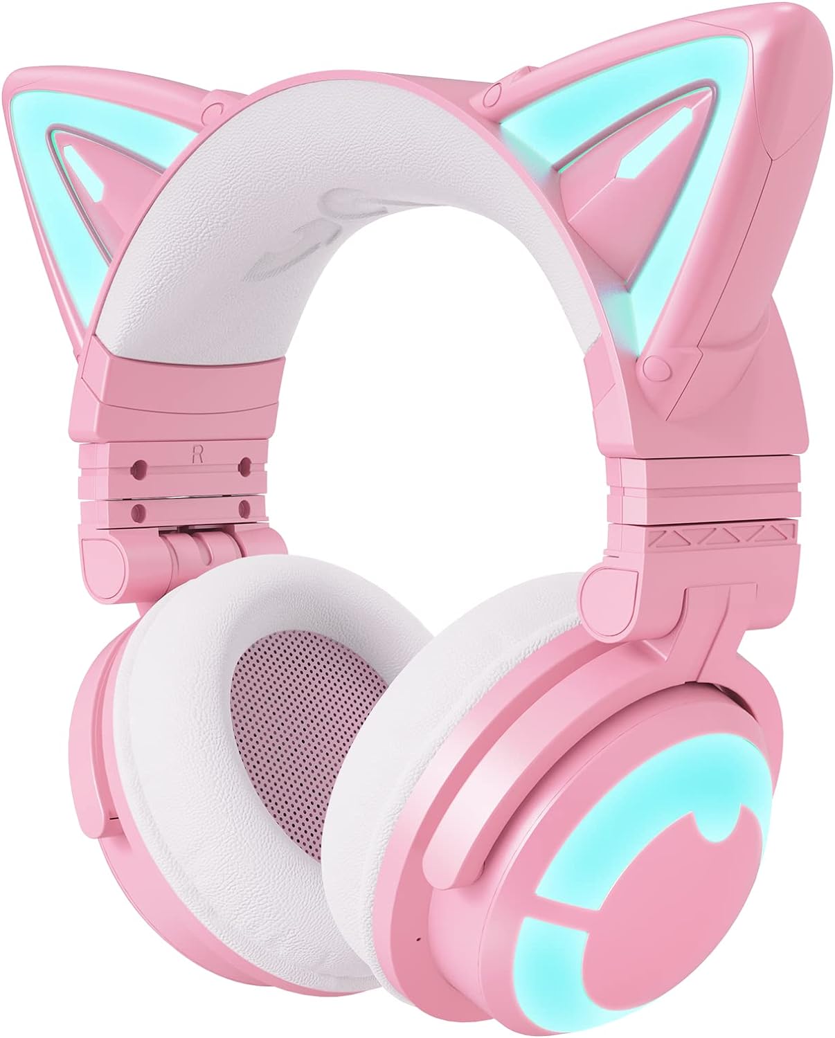 YOWU RGB Cat Ear Headphone 3G Wireless 5.0 Foldable Gaming Pink Headset with 7.1 Surround Sound, Built-in Mic & Customizable Lighting and Effect via APP, Type-C Charging Audio Cable -Pink