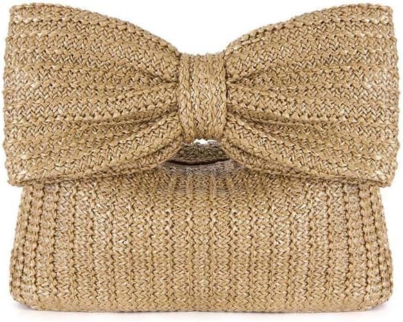 Women Bow Straw Bag Hand-woven Straw Purse Summer Beach Handbags Tote Travel Beach Bag 2024 New Party Evening Bag (Brown)