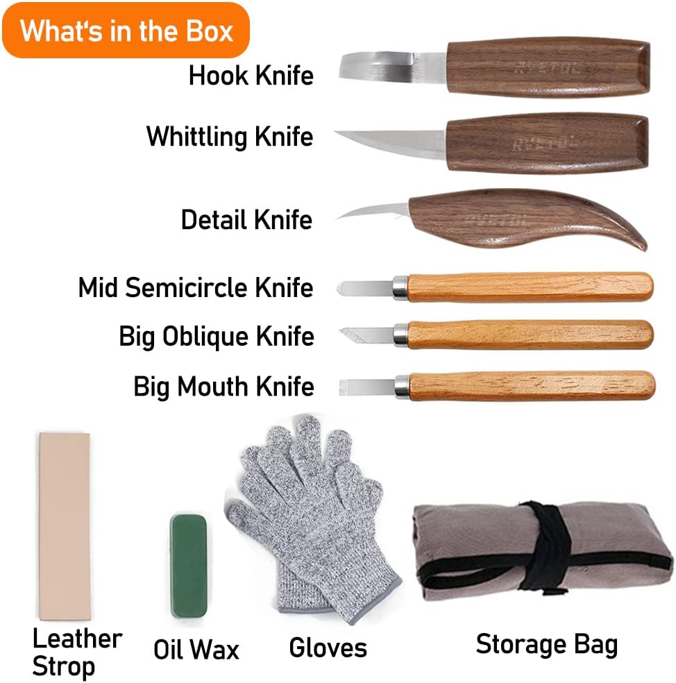 10Pcs Wood Carving Knife Set Beginner Kit, Convenient Tools Set Cut Resistant Gloves Spoon Carving Hook Knife, Wood Carving Whittling Knife, Chip Carving Detail Knife Sandpaper for Woodworking