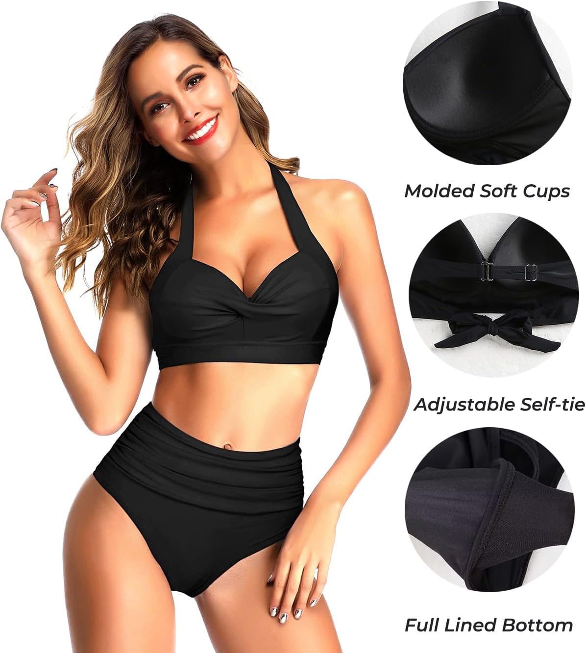 Tempt Me Women Two Piece Vintage Swimsuit Retro Halter Ruched High Waist Bikini with Bottom