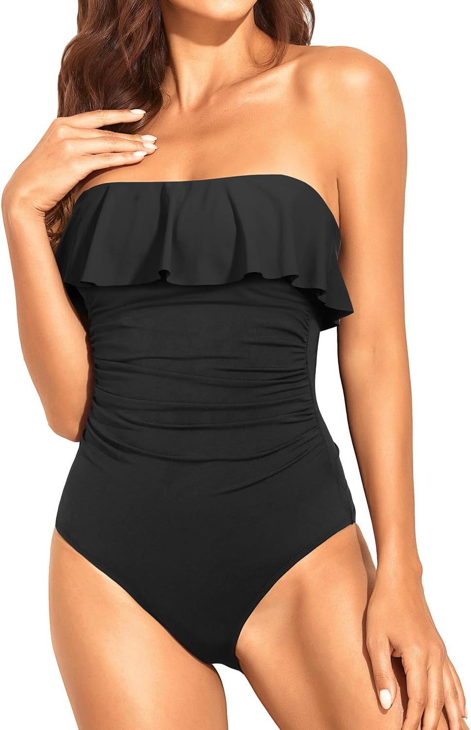 Holipick Strapless One Piece Swimsuits for Women Tummy Control Bandeau Bathing Suits Ruffle Slimming Swimwear