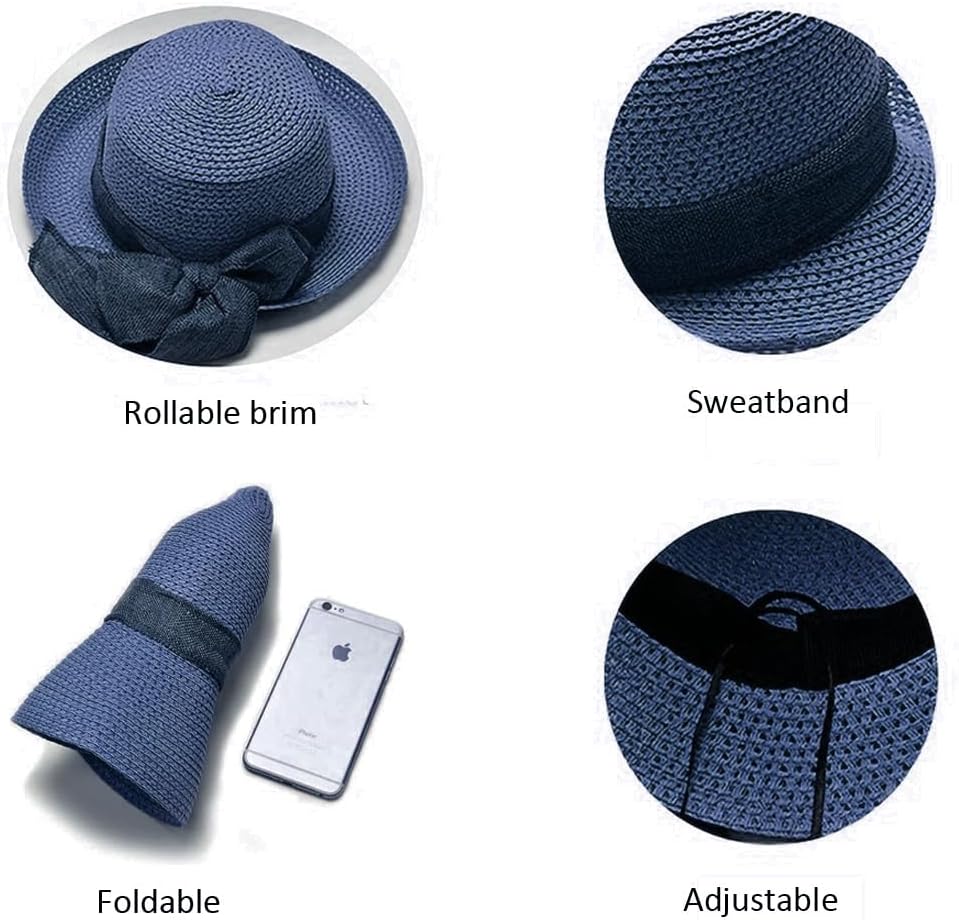 Women Straw Sun Hats Wide Brim Ribbons Roll Up Bucket UPF 50+ Foldable Floppy Sun Hat with Strap UV Protection Summer Beach