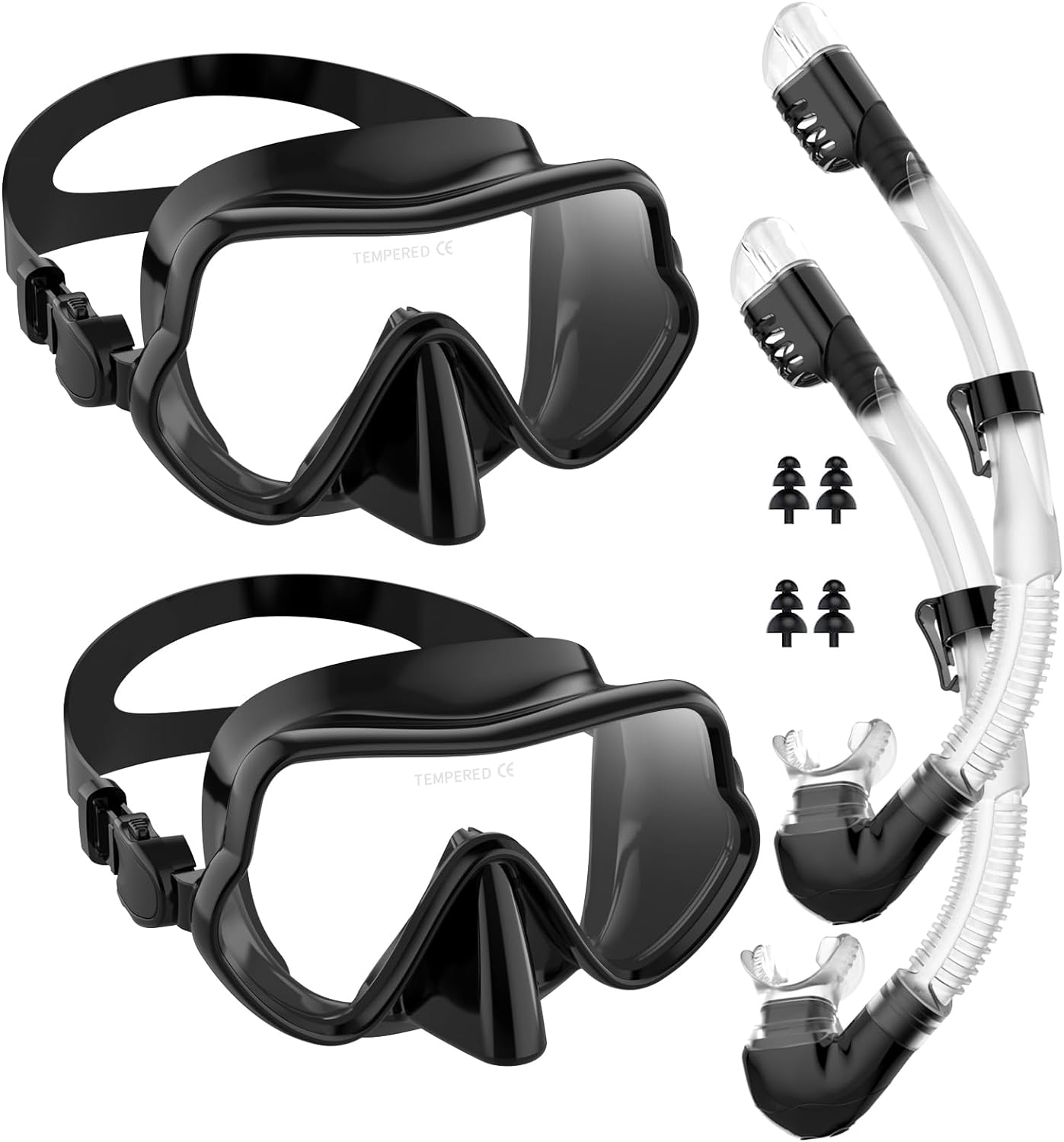 Bairuifu Professional Frameless Mask and Snorkel Set, 180° Panoramic Anti-Leak, Anti-Fog Tempered Glass Lens, Food Grade Silicone Full Dry Top Snorkel Set with Travel Bags