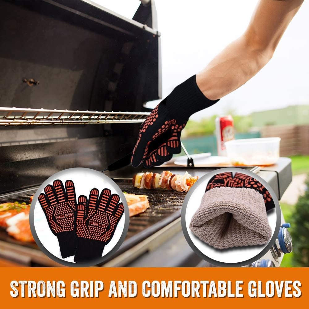 Yukon Glory™ Heavy Duty 5 Piece Grilling Tools Set, Durable Stainless Steel BBQ Accessories, Long Handle 3 in 1 Spatula, Tongs, Brush, Grill Fork, Thick Grilling Gloves, Gift Set