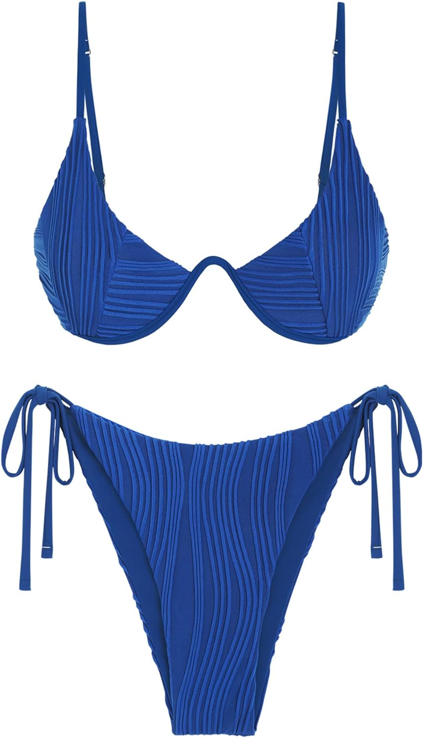 ZAFUL Women's Bikini Sets Ribbed Two Piece Swimsuits Underwire Adjustable Back Clasp Bathing Suit Side Tie Thong Swimwear