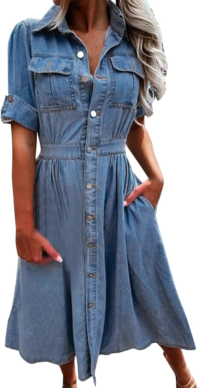 Womens Summer Jean Dresses Collared Roll-Up Short Sleeve Maxi Dress Button Down Casual Denim Shirt Dress with Pockets