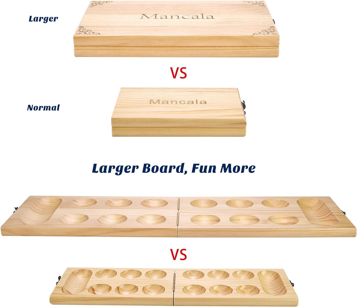 AMEROUS Wooden Mancala Board Game Set - Upgraded Larger Size - 72+8 Bonus Multi Color Glass Stones - Folding Board - Gift Package -Instructions, Portable Board Game for Adults, Kids