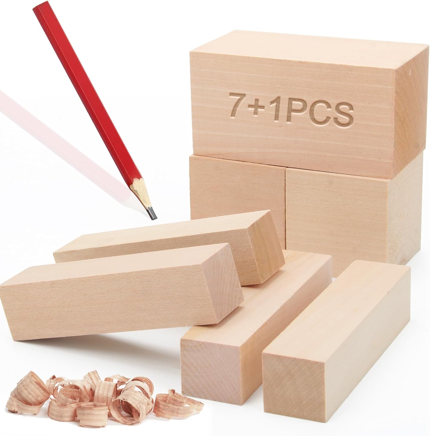 7+1 Pcs Basswood Carving Blocks with Pencil, Boyistar 3 Sizes Whittling Wood Blocks for Craft Carving Wooden Blocks, Small Carved Bass Wood Block Kit for Beginners, Sculpture Artist