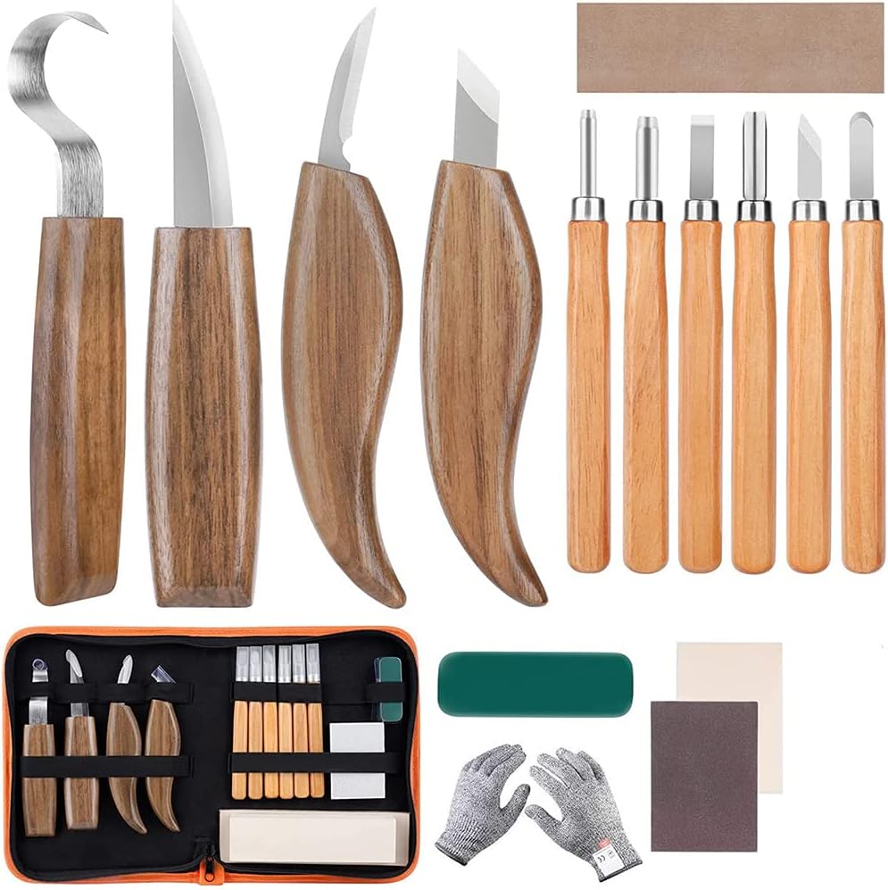 Wood Carving Tools Knife Set, Pack of 15 Wood Carving Chisel Set, Wood Whittling Kit for Beginners with Hook Knife Wood Carving, Whittling Knife Set with Gloves for Kids Adults Woodworking DIY