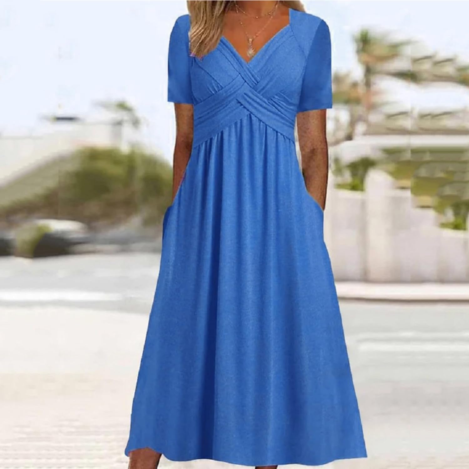 Womens Beach Dresses for Wedding Guest Crisscross Twist Front V Neck Casual Short Sleeve Long Maxi Dress with Pockets