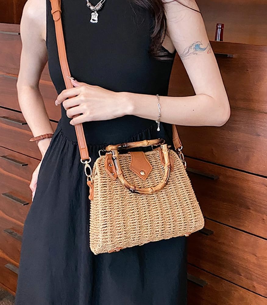 Summer Straw Bag for Women Beach Rattan Top-Handle Purse Straw Crossbody Clutch Bags Handwoven Tote Handbag 2024