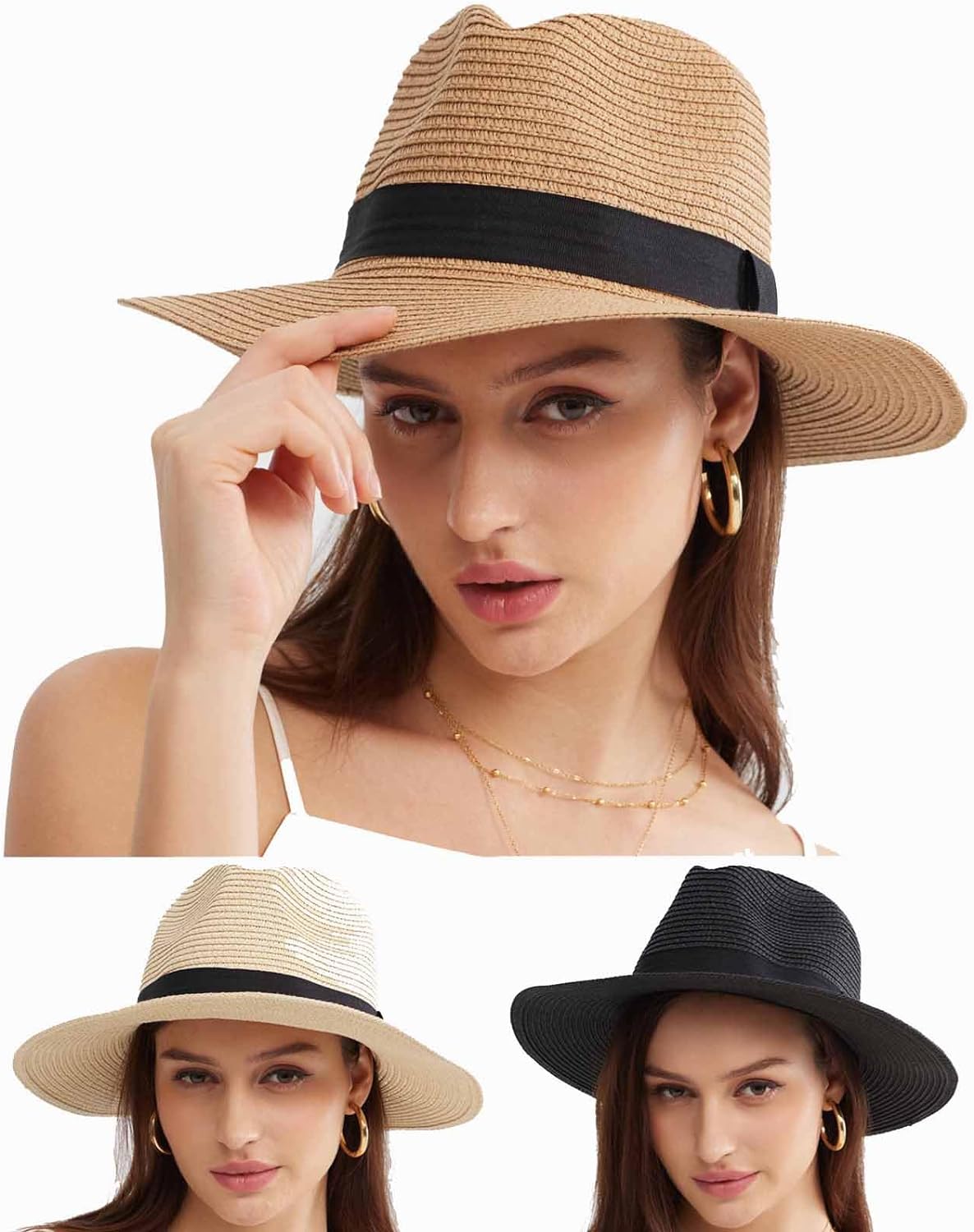 3PCS Womens Wide Brim Beach Hat Roll up Panama Straw Sun Hat Fedora Summer UV Protection Floppy Hat (Black+Brown+Beige)