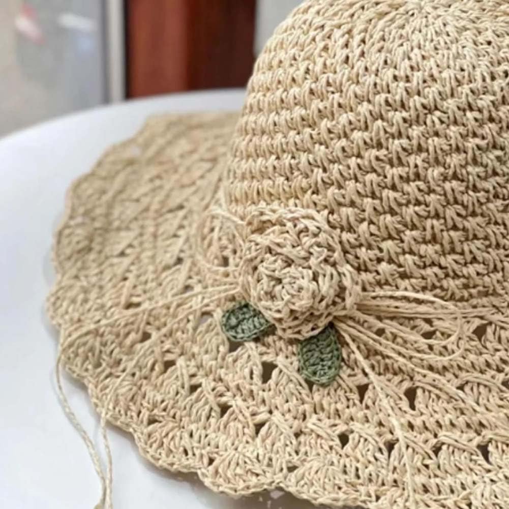 Elegant Crochet Straw Hat with Ruffle Detail, 2024 Summer New Womens Vintage Ruffle Bowknot Straw Hat, Uv Protection